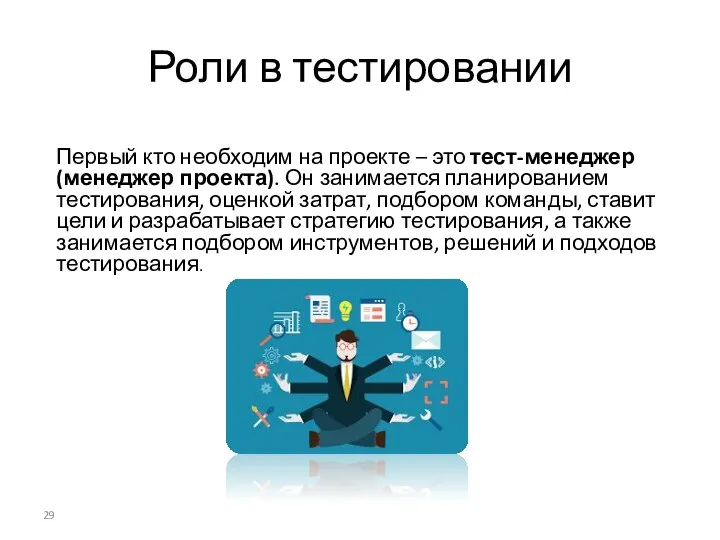 Роли в тестировании Первый кто необходим на проекте – это