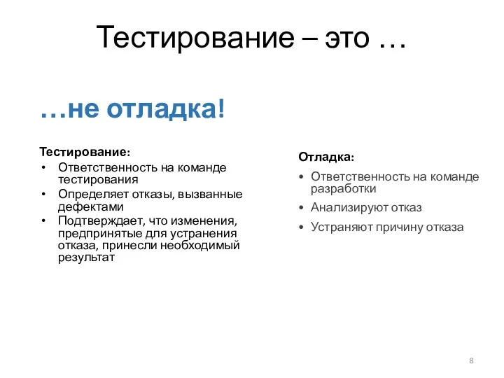 Тестирование – это … …не отладка! Тестирование: Ответственность на команде