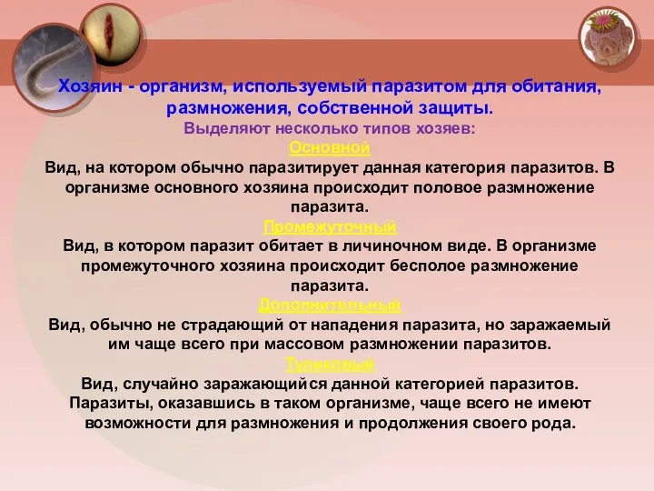 Хозяин - организм, используемый паразитом для обитания, размножения, собственной защиты.