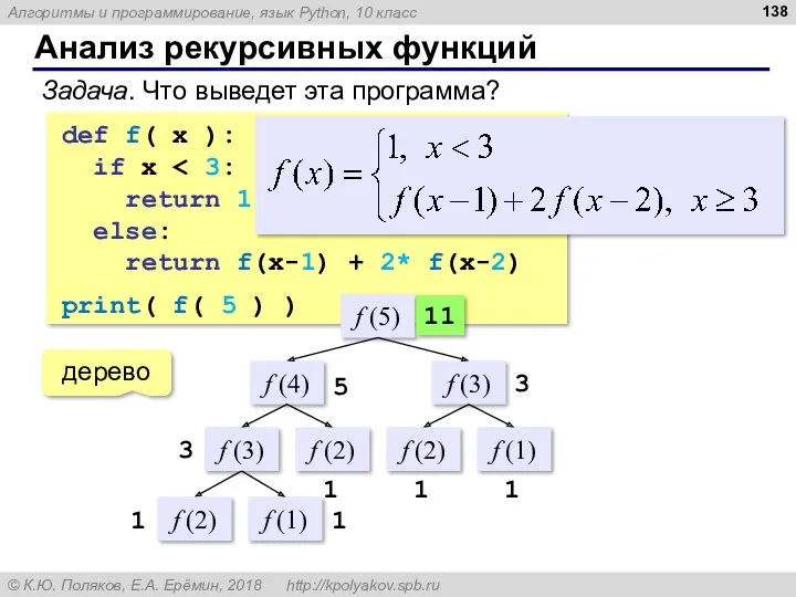 Анализ рекурсивных функций Задача. Что выведет эта программа? def f(