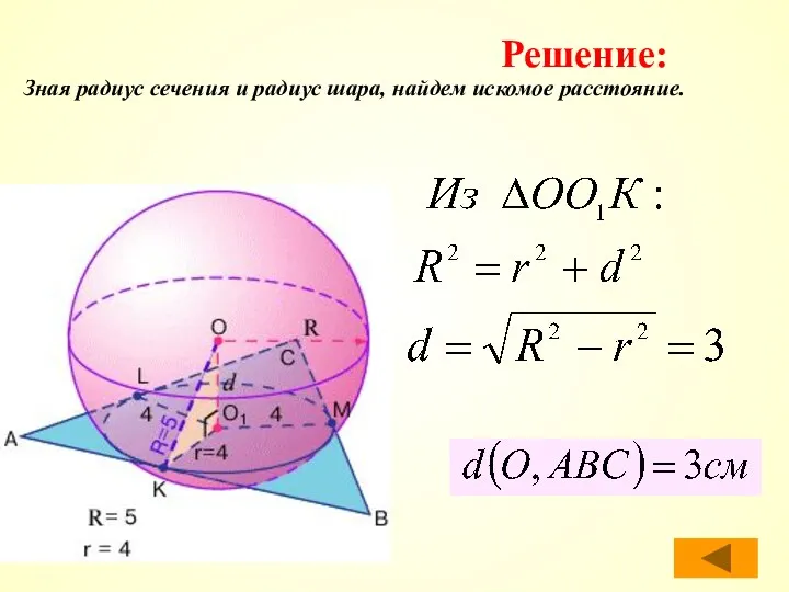 Зная радиус сечения и радиус шара, найдем искомое расстояние. Решение: