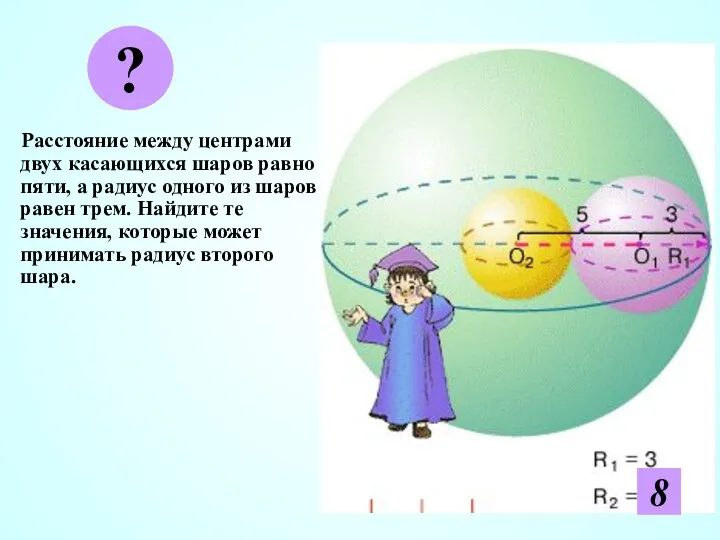 Расстояние между центрами двух касающихся шаров равно пяти, а радиус