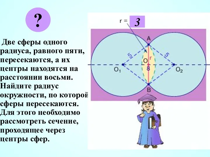 Две сферы одного радиуса, равного пяти, пересекаются, а их центры