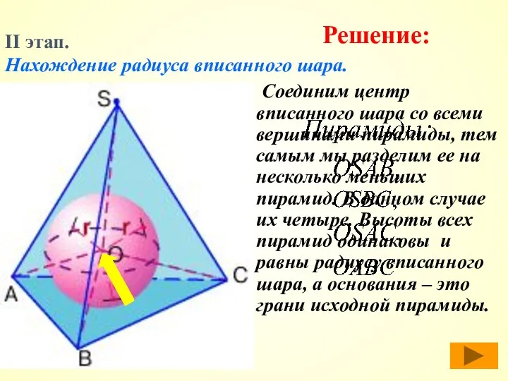 Соединим центр вписанного шара со всеми вершинами пирамиды, тем самым
