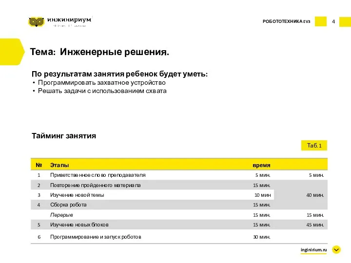 4 Тема: Инженерные решения. По результатам занятия ребенок будет уметь: