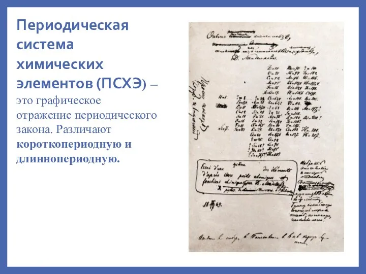 Периодическая система химических элементов (ПСХЭ) – это графическое отражение периодического закона. Различают короткопериодную и длиннопериодную.