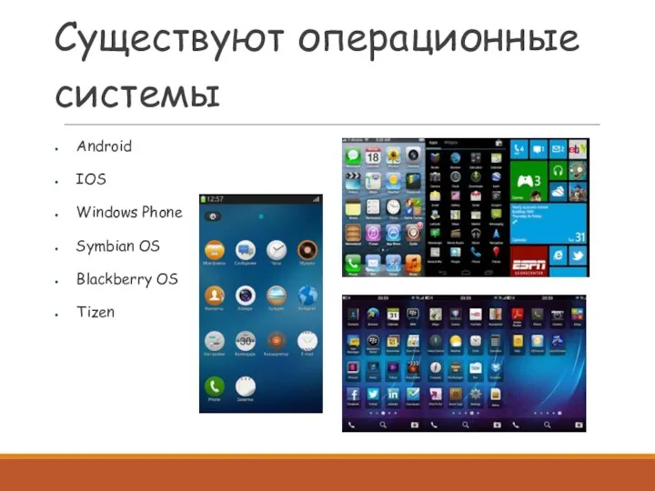 Существуют операционные системы Android IOS Windows Phone Symbian OS Blackberry OS Tizen