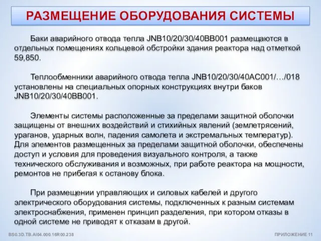 РАЗМЕЩЕНИЕ ОБОРУДОВАНИЯ СИСТЕМЫ Баки аварийного отвода тепла JNB10/20/30/40BB001 размещаются в