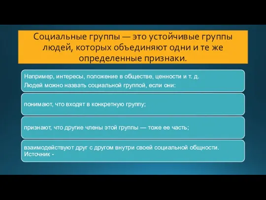 Социальные группы — это устойчивые группы людей, которых объединяют одни и те же определенные признаки.