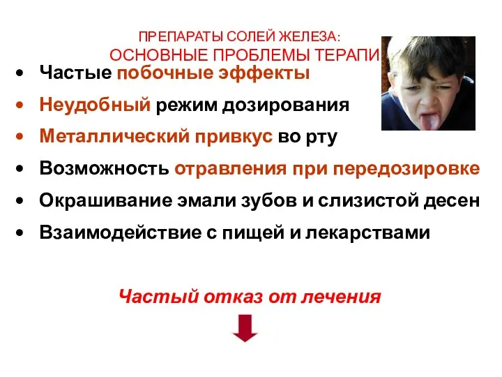 ПРЕПАРАТЫ СОЛЕЙ ЖЕЛЕЗА: ОСНОВНЫЕ ПРОБЛЕМЫ ТЕРАПИИ Частые побочные эффекты Неудобный