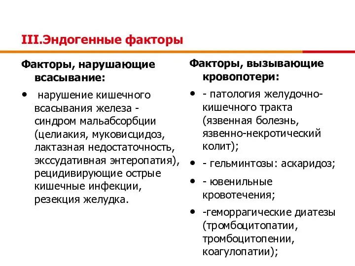 Факторы, нарушающие всасывание: нарушение кишечного всасывания железа - синдром мальабсорбции