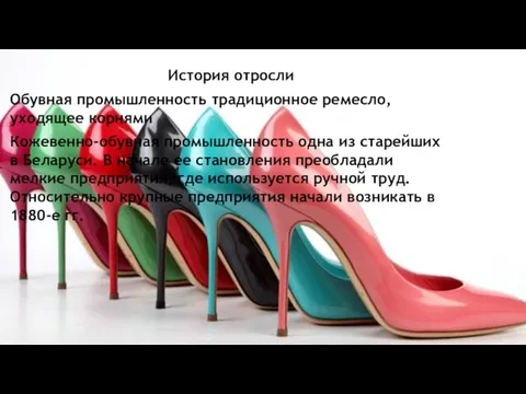 История отросли Обувная промышленность традиционное ремесло, уходящее корнями Кожевенно-обувная промышленность одна из старейших