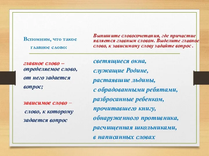 Вспомним, что такое главное слово: главное слово – определяемое слово,