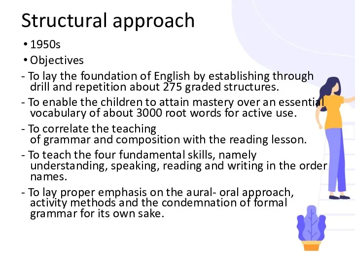 Structural approach 1950s Objectives - To lay the foundation of English by establishing