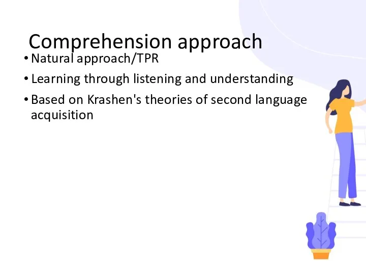 Comprehension approach Natural approach/TPR Learning through listening and understanding Based