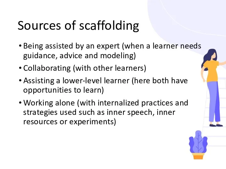 Sources of scaffolding Being assisted by an expert (when a learner needs guidance,