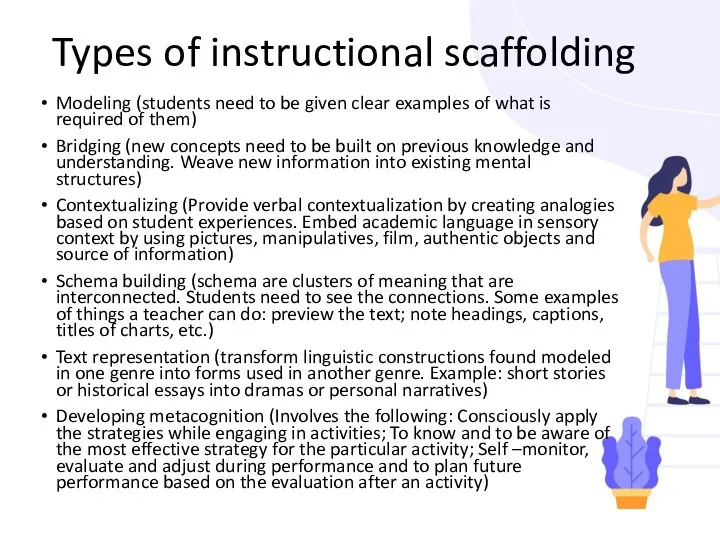 Types of instructional scaffolding Modeling (students need to be given clear examples of