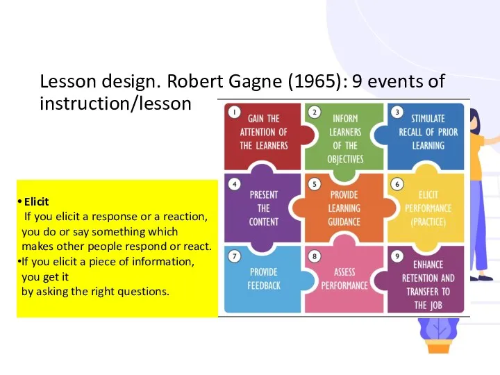 Lesson design. Robert Gagne (1965): 9 events of instruction/lesson Elicit If you elicit