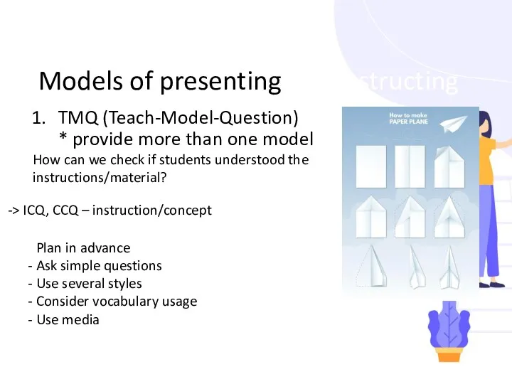 Models of presenting and instructing TMQ (Teach-Model-Question) * provide more than one model