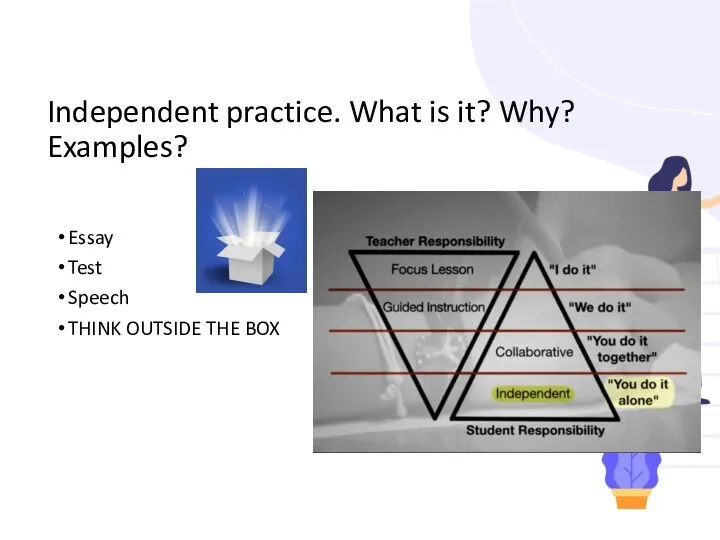 Independent practice. What is it? Why? Examples? Essay Test Speech THINK OUTSIDE THE BOX