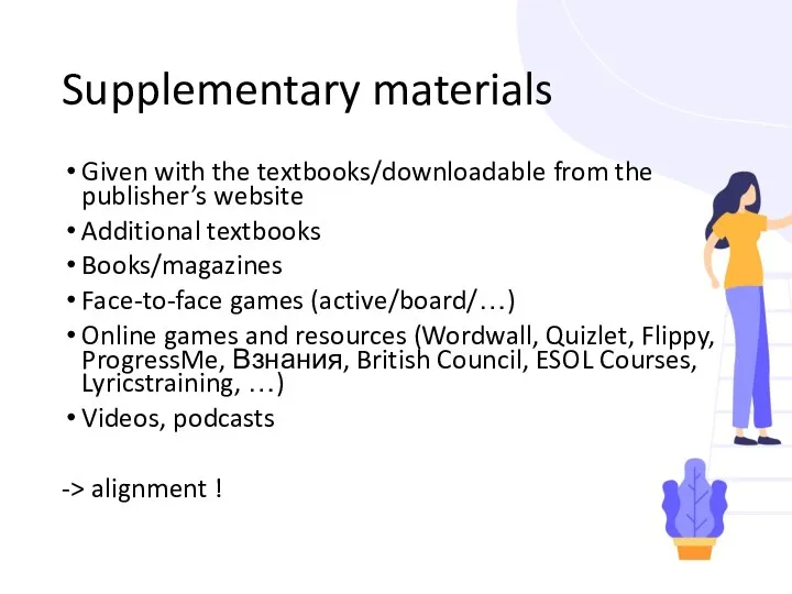 Supplementary materials Given with the textbooks/downloadable from the publisher’s website Additional textbooks Books/magazines