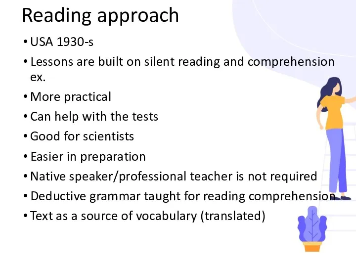 Reading approach USA 1930-s Lessons are built on silent reading and comprehension ex.