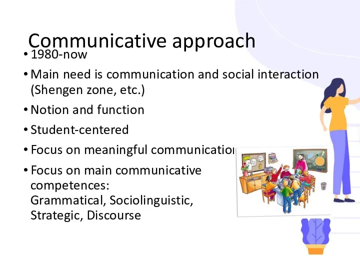 Communicative approach 1980-now Main need is communication and social interaction (Shengen zone, etc.)
