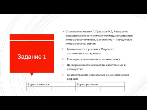 Задание 1 Сравните политику Г. Гувера и Ф.Д. Рузвельта: запишите в первую колонку