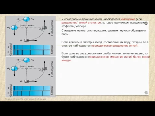 У спектрально-двойных звезд наблюдается смещение (или раздвоение) линий в спектре,