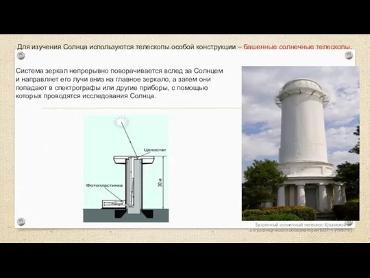 Для изучения Солнца используются телескопы особой конструкции – башенные солнечные