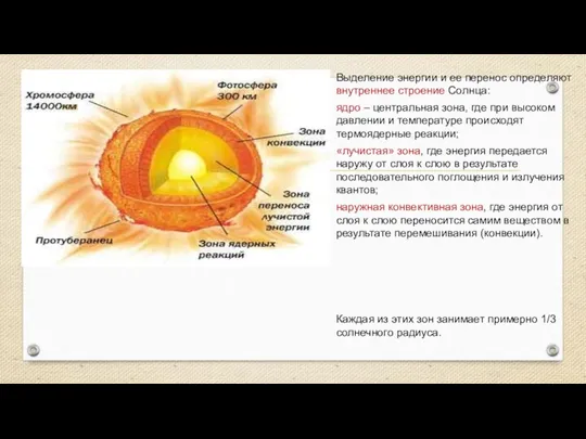 Выделение энергии и ее перенос определяют внутреннее строение Солнца: ядро