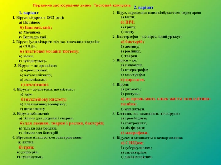 Первинне застосування знань Тестовий контроль варіант 1. Віруси відкрив в