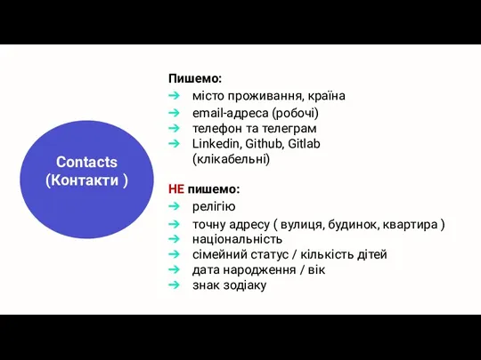 Contacts (Контакти ) Пишемо: місто проживання, країна email-адреса (робочі) телефон