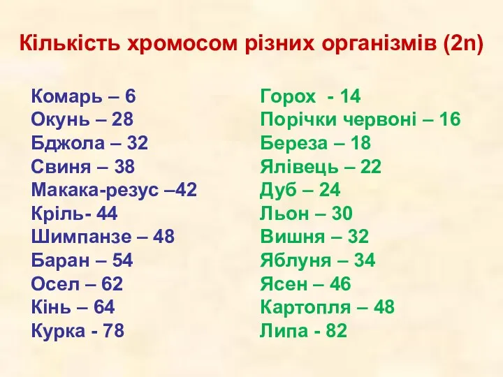 Кількість хромосом різних організмів (2n) Комарь – 6 Окунь – 28 Бджола –