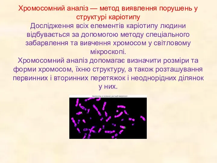 Хромосомний аналіз — метод виявлення порушень у структурі каріотипу Дослідження всіх елементів каріотипу
