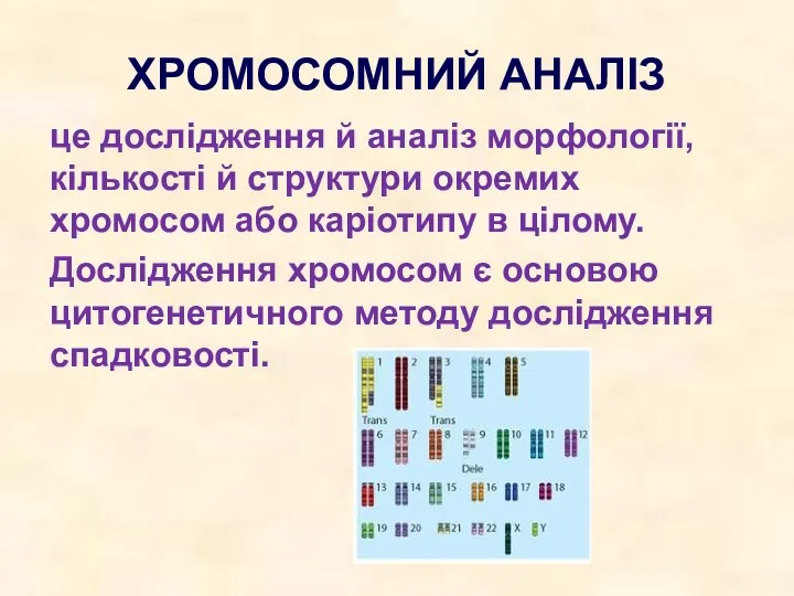 ХРОМОСОМНИЙ АНАЛІЗ це дослідження й аналіз морфології, кількості й структури