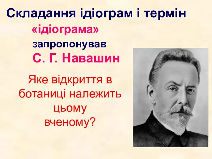 Складання ідіограм і термін «ідіограма» запропонував С. Г. Навашин Яке відкриття в ботаниці належить цьому вченому?