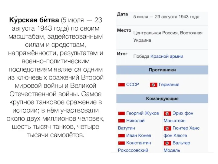 Ку́рская би́тва (5 июля — 23 августа 1943 года) по своим масштабам, задействованным