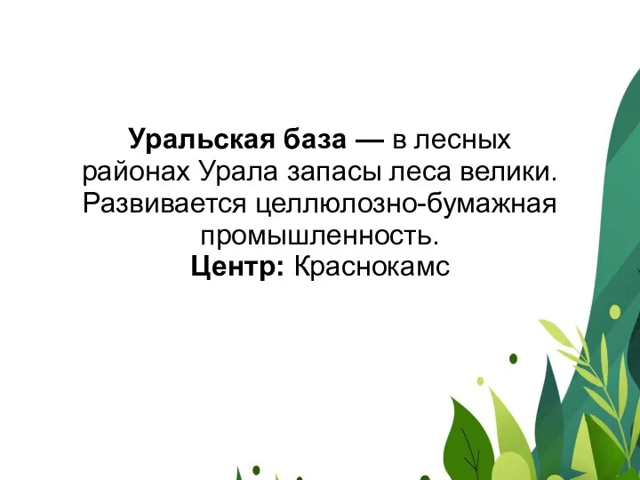 Уральская база — в лесных районах Урала запасы леса велики. Развивается целлюлозно-бумажная промышленность. Центр: Краснокамс