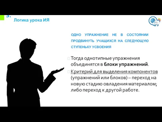 3. Логика урока ИЯ ОДНО УПРАЖНЕНИЕ НЕ В СОСТОЯНИИ ПРОДВИНУТЬ УЧАЩИХСЯ НА СЛЕДУЮЩУЮ СТУПЕНЬКУ УСВОЕНИЯ