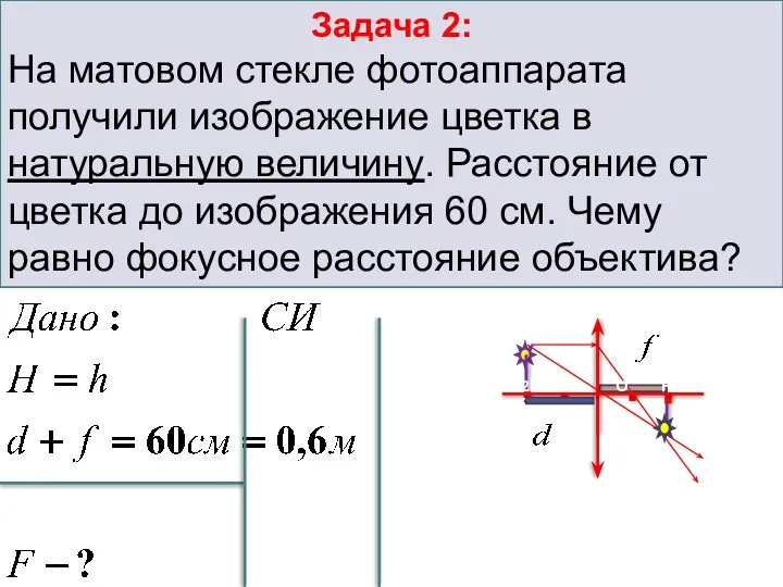 Задача 2: На матовом стекле фотоаппарата получили изображение цветка в