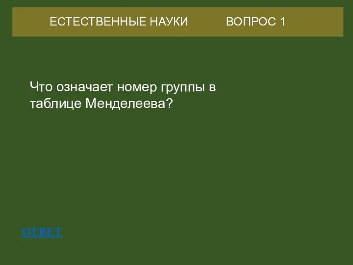 ОТВЕТ Что означает номер группы в таблице Менделеева? ЕСТЕСТВЕННЫЕ НАУКИ ВОПРОС 1