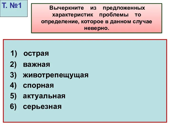 1) острая 2) важная 3) животрепещущая 4) спорная 5) актуальная