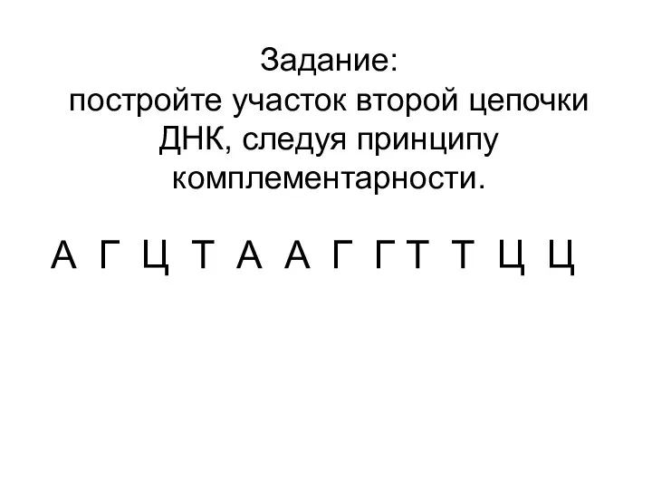 Задание: постройте участок второй цепочки ДНК, следуя принципу комплементарности. А Г Ц Т