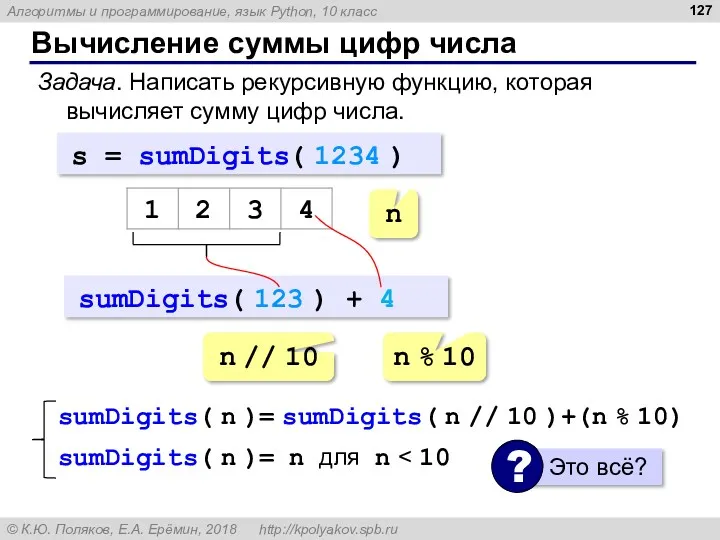 Вычисление суммы цифр числа Задача. Написать рекурсивную функцию, которая вычисляет сумму цифр числа.