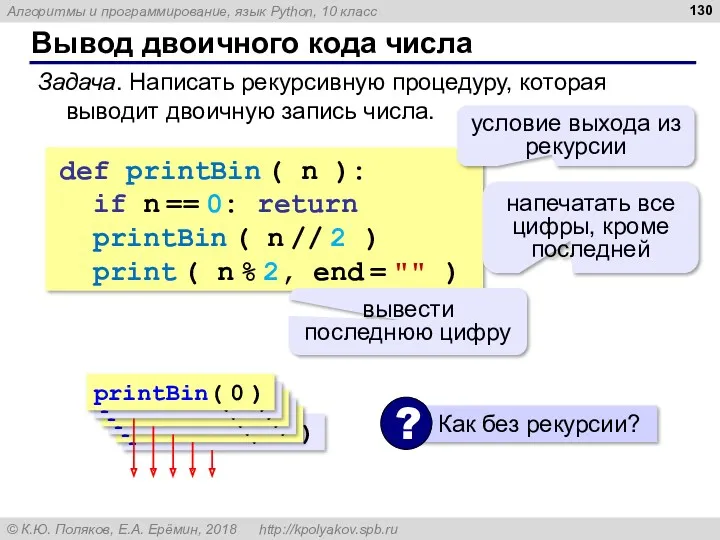 Вывод двоичного кода числа def printBin ( n ): if