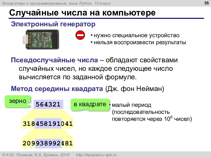 Случайные числа на компьютере Электронный генератор нужно специальное устройство нельзя воспроизвести результаты 318458191041