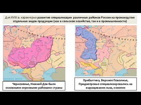 Для XVIII в. характерно развитие специализации различных районов России на