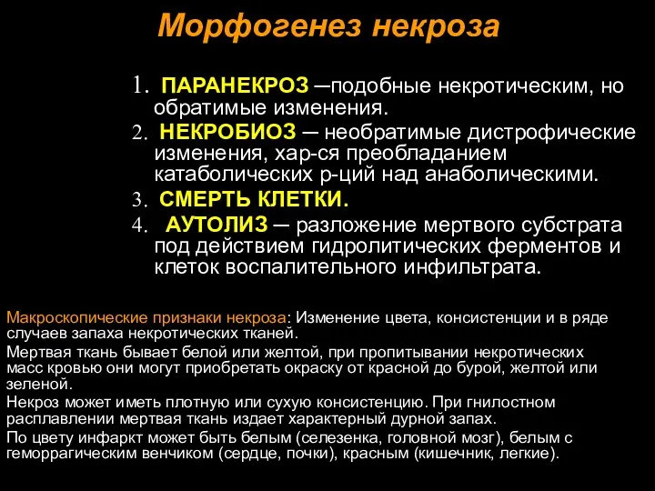 Морфогенез некроза ПАРАНЕКРОЗ ─подобные некротическим, но обратимые изменения. НЕКРОБИОЗ ─ необратимые дистрофические изменения,