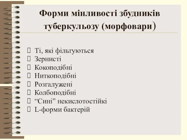 Форми мінливості збудників туберкульозу (морфовари) Ті, які фільтуються Зернисті Кокоподібні